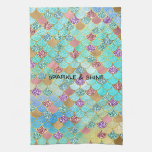 Paño De Cocina Sirena Purpurina Aqua Blue Pink Purple Gold