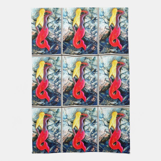 Paño De Cocina sirena rubia en rojo (Vertical)