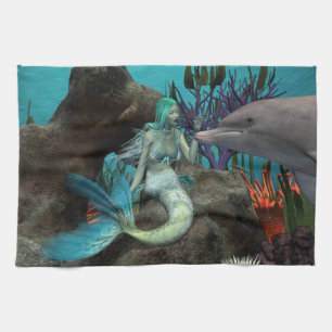 Paño De Cocina Sirena y delfín bajo el mar