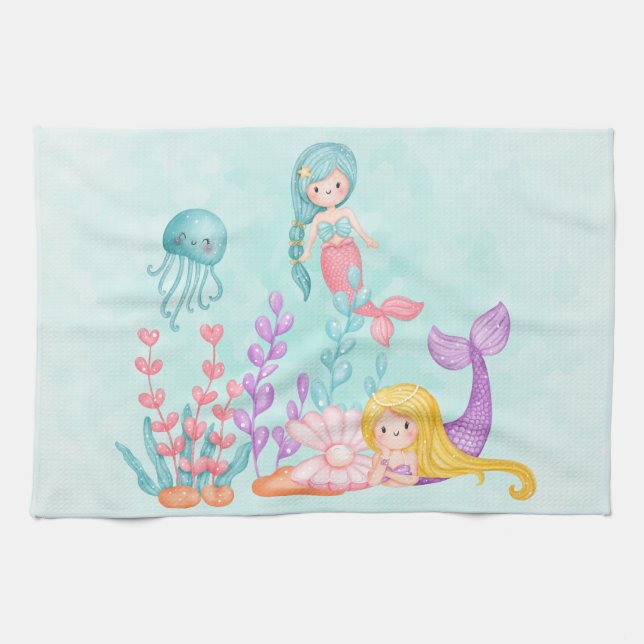 Paño De Cocina Sirenas y medusas bajo la acuarela del mar (Horizontal)