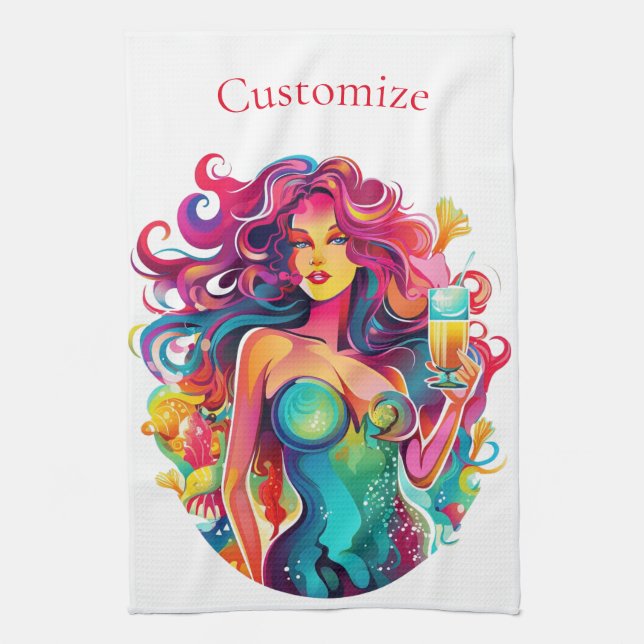 Paño De Cocina Sirenita de cabello arcoiris con cóctel (Vertical)