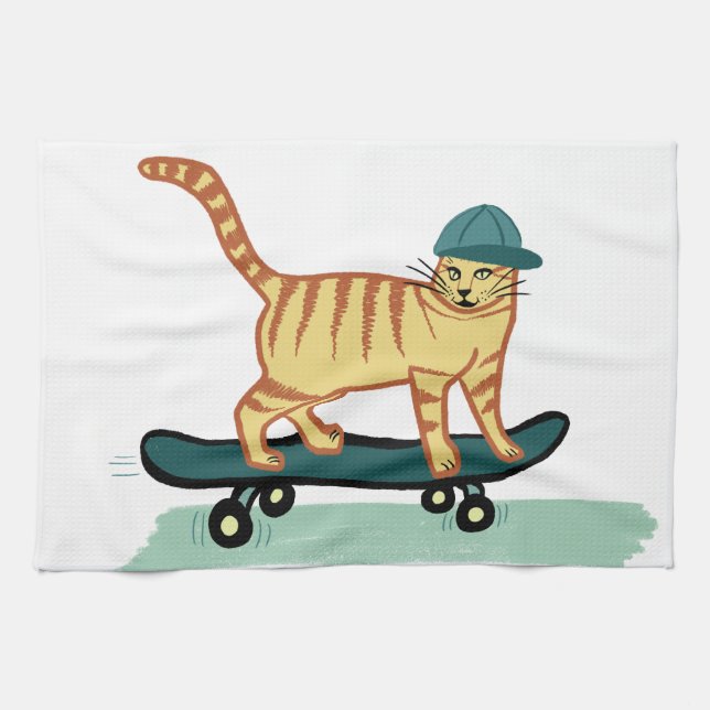 Paño De Cocina Skateboarding Tabby Cat (Horizontal)
