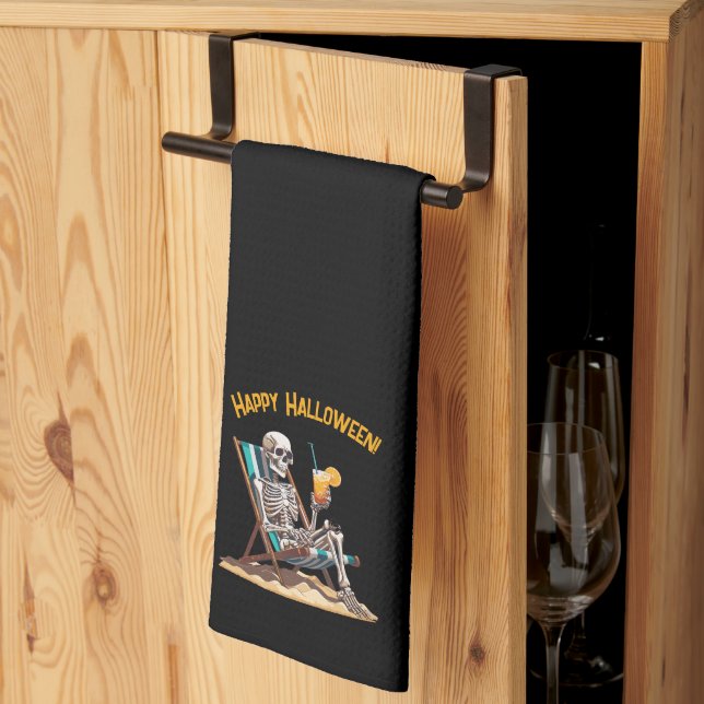 Paño De Cocina Skeleton Beach Lounging Halloween (Pliegue de tercios)