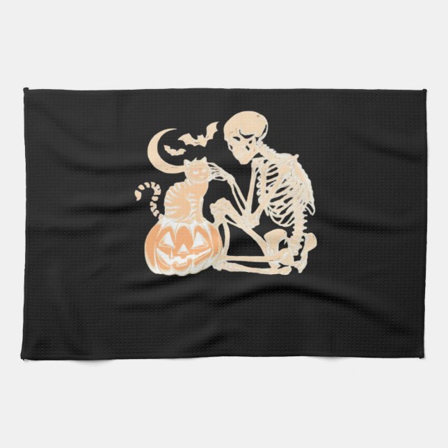 Paño De Cocina Skeleton Cat Skull kitty Cute Halloween Design Cla (Horizontal)