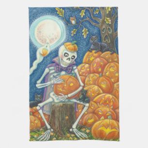 PAÑO DE COCINA SKELETON, GATOS NEGROS CUBIERTOS JACKS KITCHEN TOW