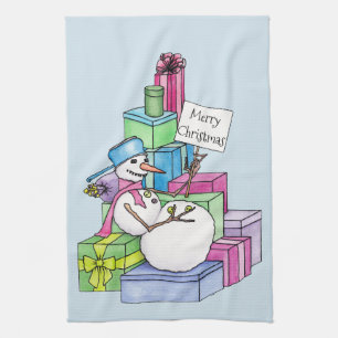 Paño De Cocina Snowman escalando en regalos