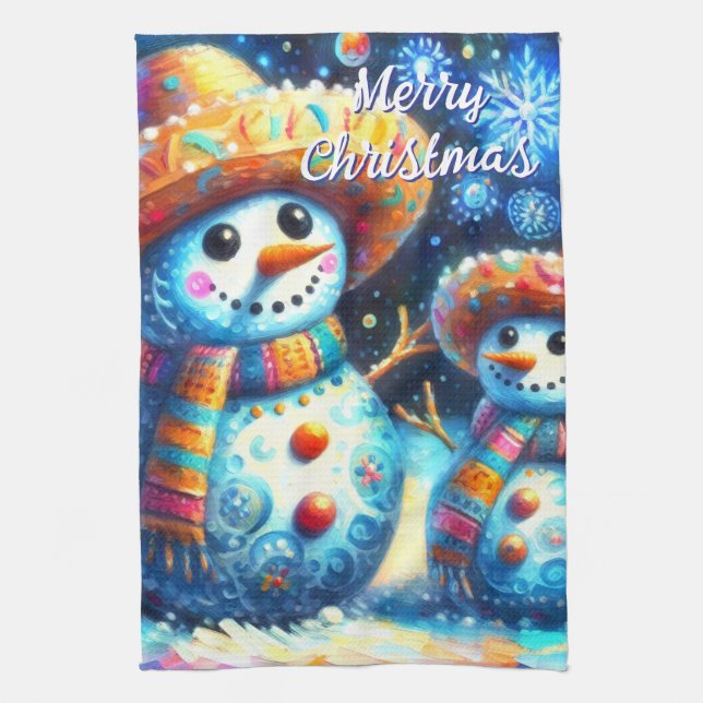 Paño De Cocina Snowman Snowman de arte folklórico mexicano (Vertical)