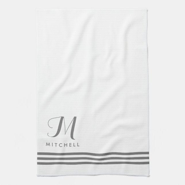 Paño De Cocina Sofisticadas franjas y monograma blanco y gris (Vertical)