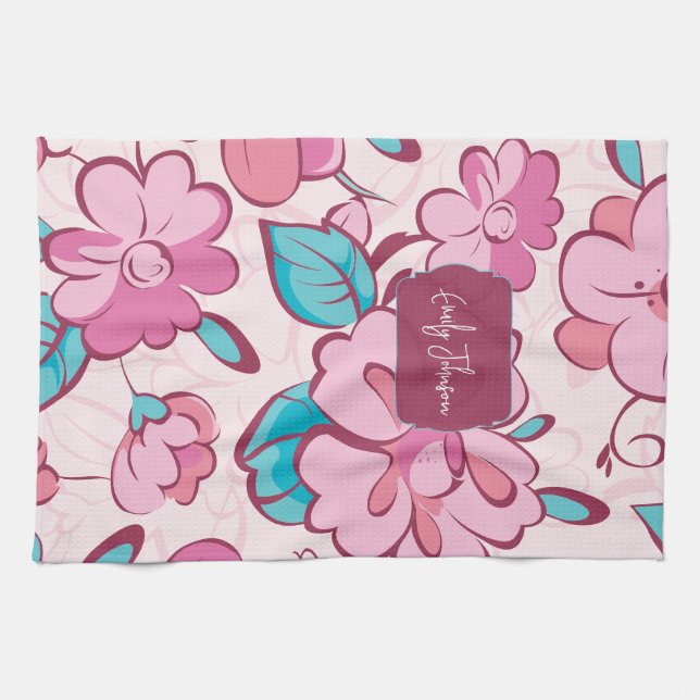 Paño De Cocina Soft Pink Bloom Floral Pattern Custom Name (Horizontal)
