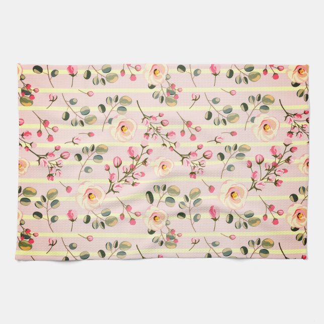 Paño De Cocina Soft Pink Floral Stripe Pattern (Horizontal)