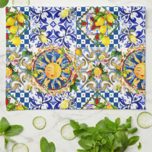 Paño De Cocina Sol siciliano, limón, azulejos mediterráneos,