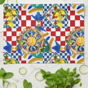 Paño De Cocina Sol siciliano, limón, azulejos mediterráneos,