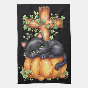 Paño De Cocina Solo colgando, gatito descansando en calabaza
