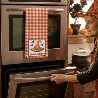 Paño De Cocina Sombrero de bruja de Halloween de gingham naranja