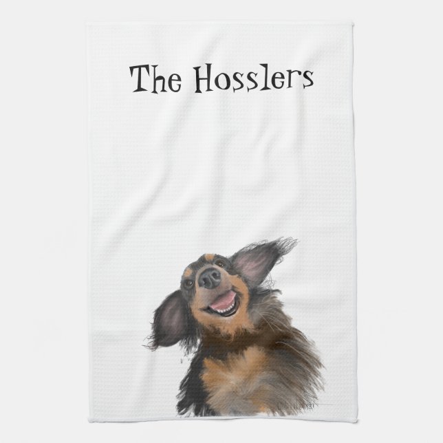 Paño De Cocina Sonriente Largo Haired Dachshund Arte Original (Vertical)