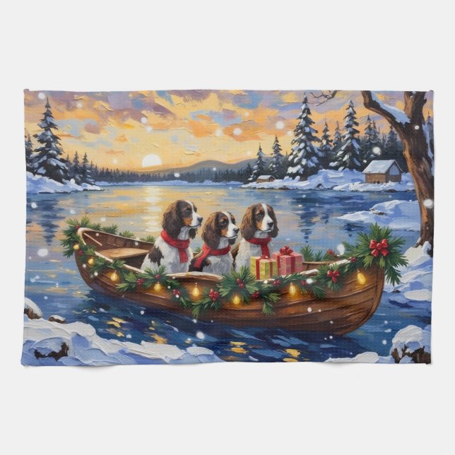 Paño De Cocina Spaniel de Springer Navidad Barco Fiesta (Horizontal)
