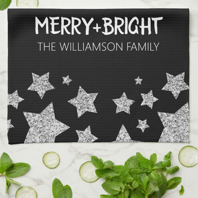 Paño De Cocina Sparkle Star Merry Navidades brillantes negro plat (Doblado)