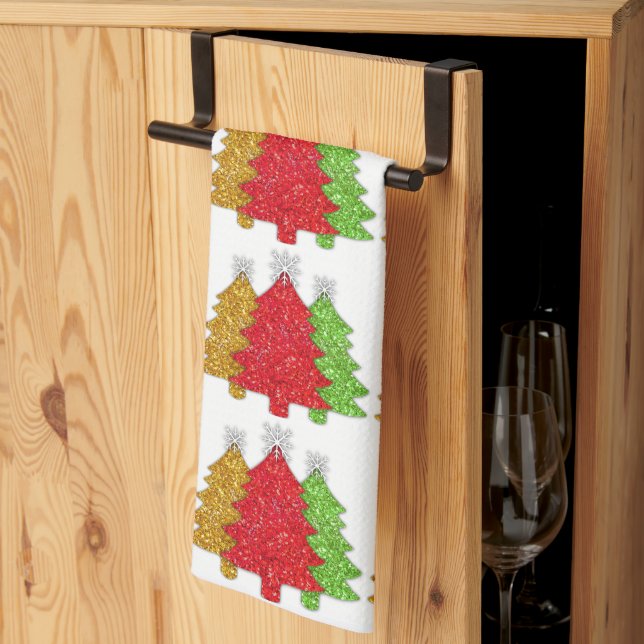 Paño De Cocina Sparkling rojo dorado verde árbol de Navidad copo  (Pliegue de tercios)