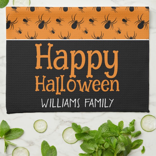 Paño De Cocina Spiders Happy Halloween Black Naranja Custom name (Doblado)