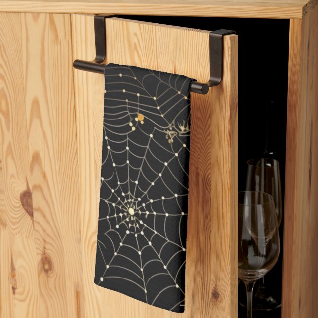 Paño De Cocina Spiderwebs y puntos de Halloween negro moderno (Pliegue de tercios)