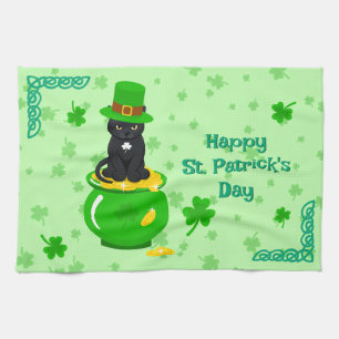 Paño De Cocina St. Patrick's Day Shamrock Pot of Gold Black Cat
