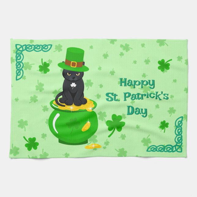 Paño De Cocina St. Patrick's Day Shamrock Pot of Gold Black Cat (Horizontal)