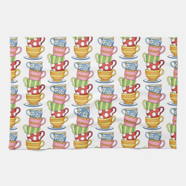 Paño De Cocina Stacked Teacups Teatime Illustration (Horizontal)