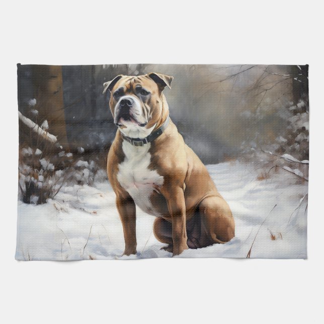 Paño De Cocina Staffordshire Bull Terrier Deja Que Nieva Navidade (Horizontal)
