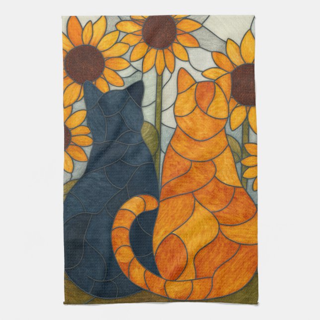 Paño De Cocina Stained Glass Cats and Sunflowers Art Design (Vertical)