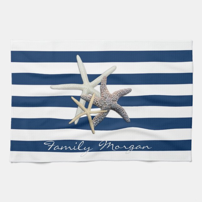 Paño De Cocina Starfish Adorable, Navy Blue Stripes Personalizado (Horizontal)