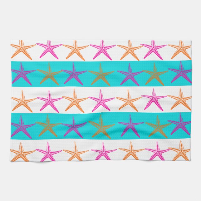 Paño De Cocina Starfish de verano en la playa en franjas Verde az (Horizontal)