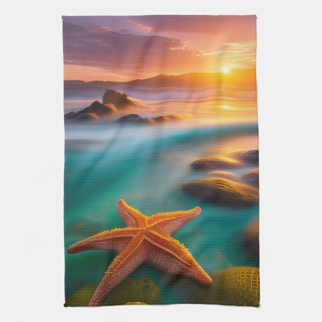 Paño De Cocina Starfish en la playa en Dawn (Vertical)