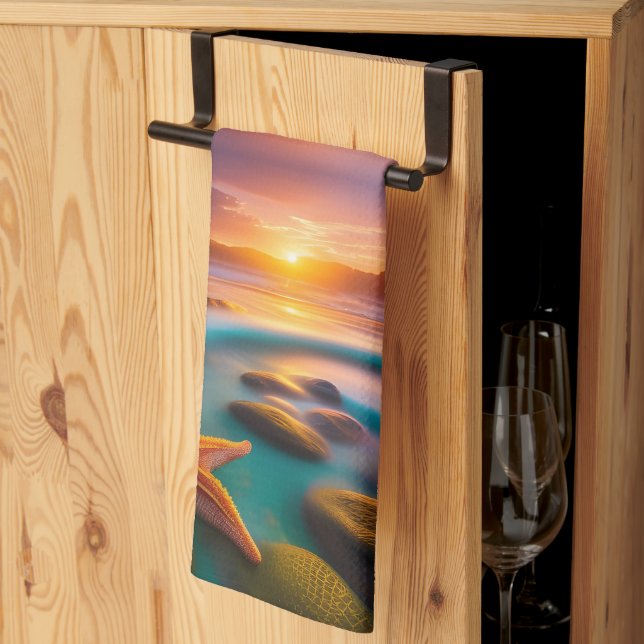 Paño De Cocina Starfish en la playa en Dawn (Pliegue de tercios)