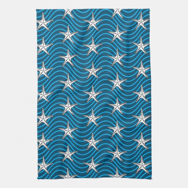 Paño De Cocina Starfish Sketch Blue Wave Patterns (Vertical)