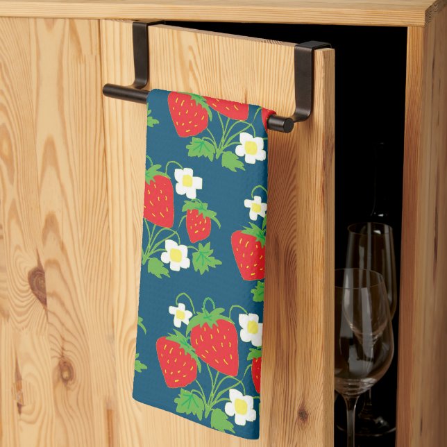 Paño De Cocina Strawberry and Flower Blue Pattern (Pliegue de tercios)