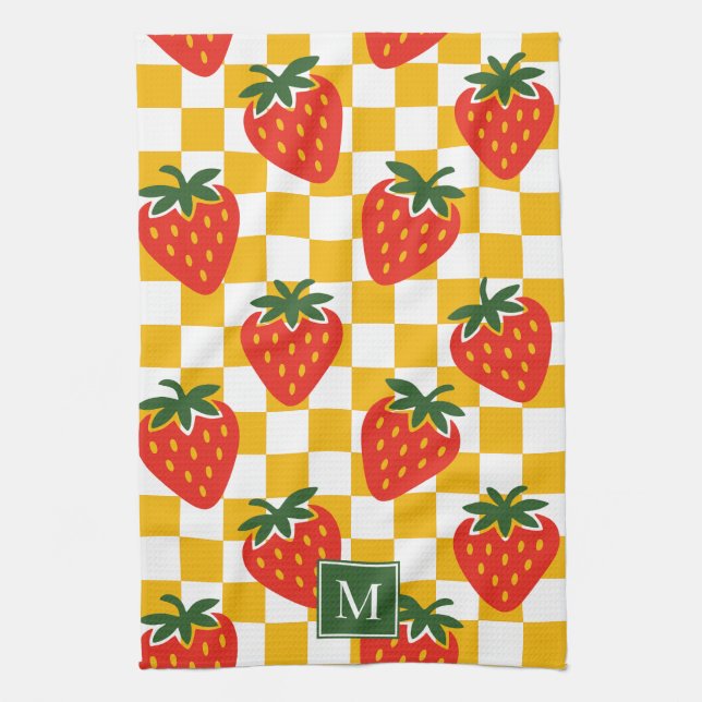 Paño De Cocina Strawberry Rustic Farmhouse Checkered Monogram (Vertical)