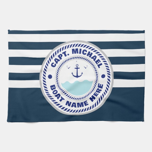 Paño De Cocina Su nombre de barco Anchor blanco azul (Horizontal)