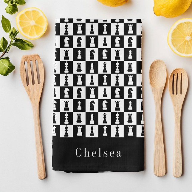 Paño De Cocina Su nombre de juegos de ajedrez: figuras, patrón bl (Your Name Chess Game Figures Pattern Black & White Kitchen Towel)