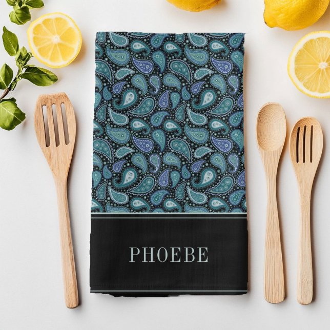 Paño De Cocina Su Nombre En El Patrón Eleagant Retro Blue Paisley (Your Name On Eleagant Retro Blue Paisley Pattern Kitchen Towel)