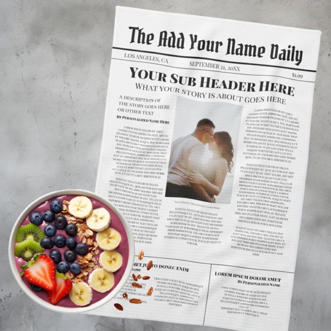 Paño De Cocina Su propia foto de noticias de primera plana person (Your Own Front Page News Story Photo Personalized Kitchen Towel from Ricaso. Make your own paper)