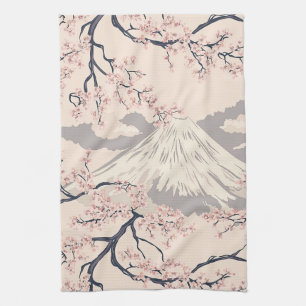 Paño De Cocina Suave patrón escénico del Monte Fuji con flor de c