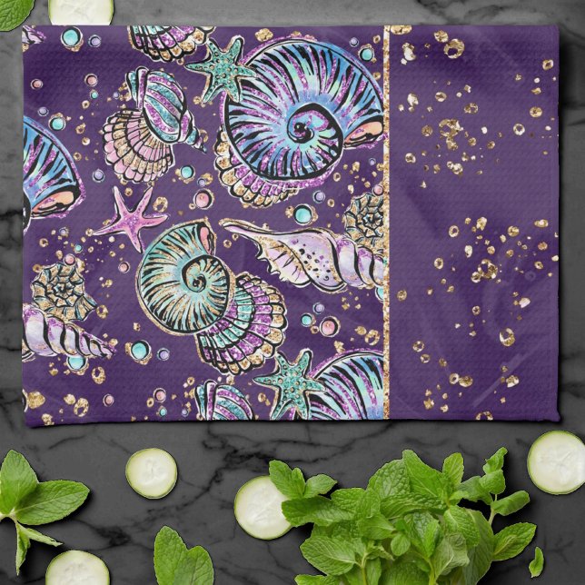 Paño De Cocina Subacuático Purple Luxe | Dark Pastel Gold Sea Lif (Subido por el creador)