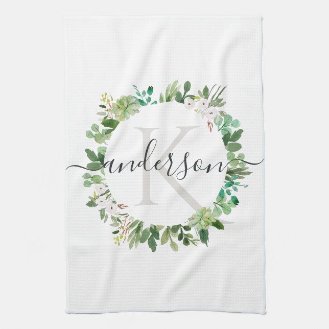 PAÑO DE COCINA SUCULENT WREATARE FOLIAGE WATERCOLOR MONOGRAM (Vertical)