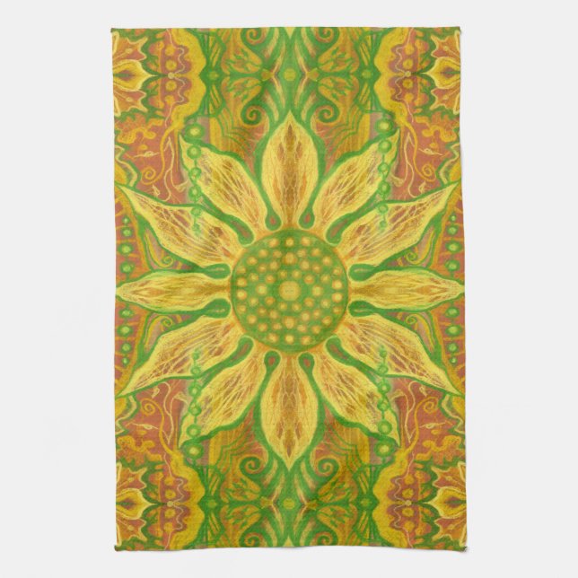 Paño De Cocina Sun Flor bohemio arte floral amarillo naranja verd (Vertical)