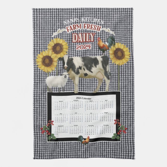 Paño De Cocina Sunflower Nana Rooster Cow Farm Blanco Fresco (Vertical)