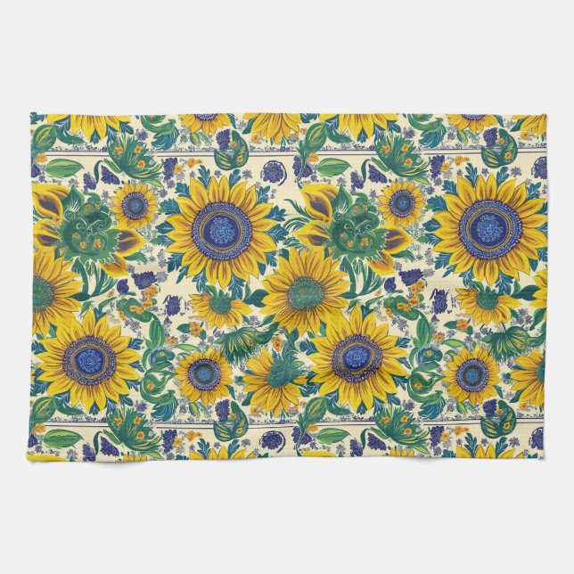 Paño De Cocina Sunflowers. Ukrainian Petrikivka folk art pattern. (Horizontal)