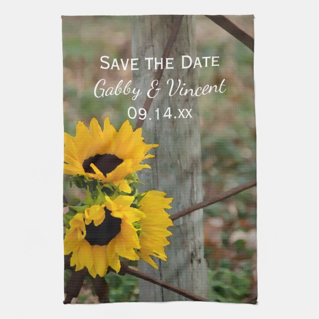 Paño De Cocina Sunflowers y Wagon Wheel Wedding Salven la fecha (Vertical)