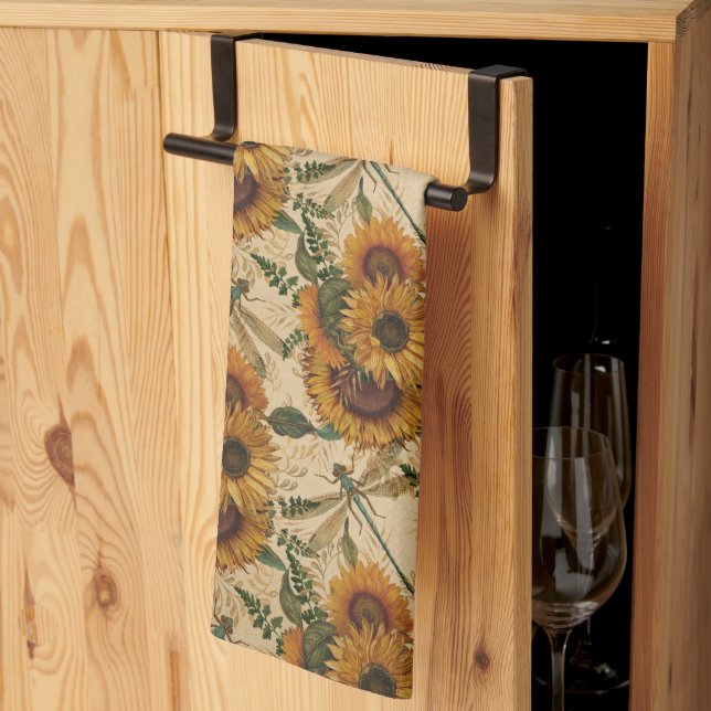 Paño De Cocina Sunflowers Yellow Tan Dragonflies Floral (Pliegue de tercios)