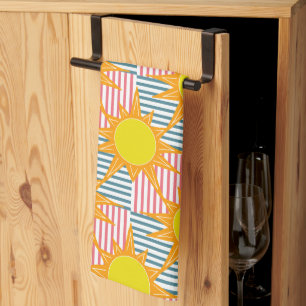 Paño De Cocina Sunny naranja amarillo sol franjas verde azuladas 