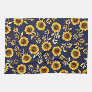 Paño De Cocina Sunny Yellow Gold Navy Sunflowers deja el patrón